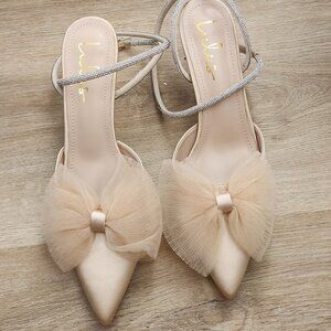 Champagne Cream Satin Ankle Straps Pumps Heels with Bow SZ 11